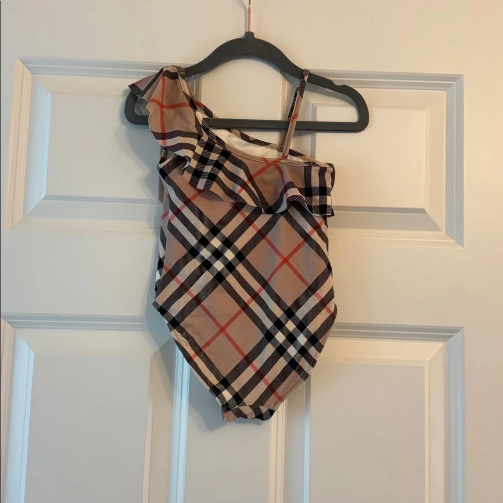 Burberry Girls Fern One-Shoulder Ruffle Swimsuit - Beige Plaid. Size 3T.